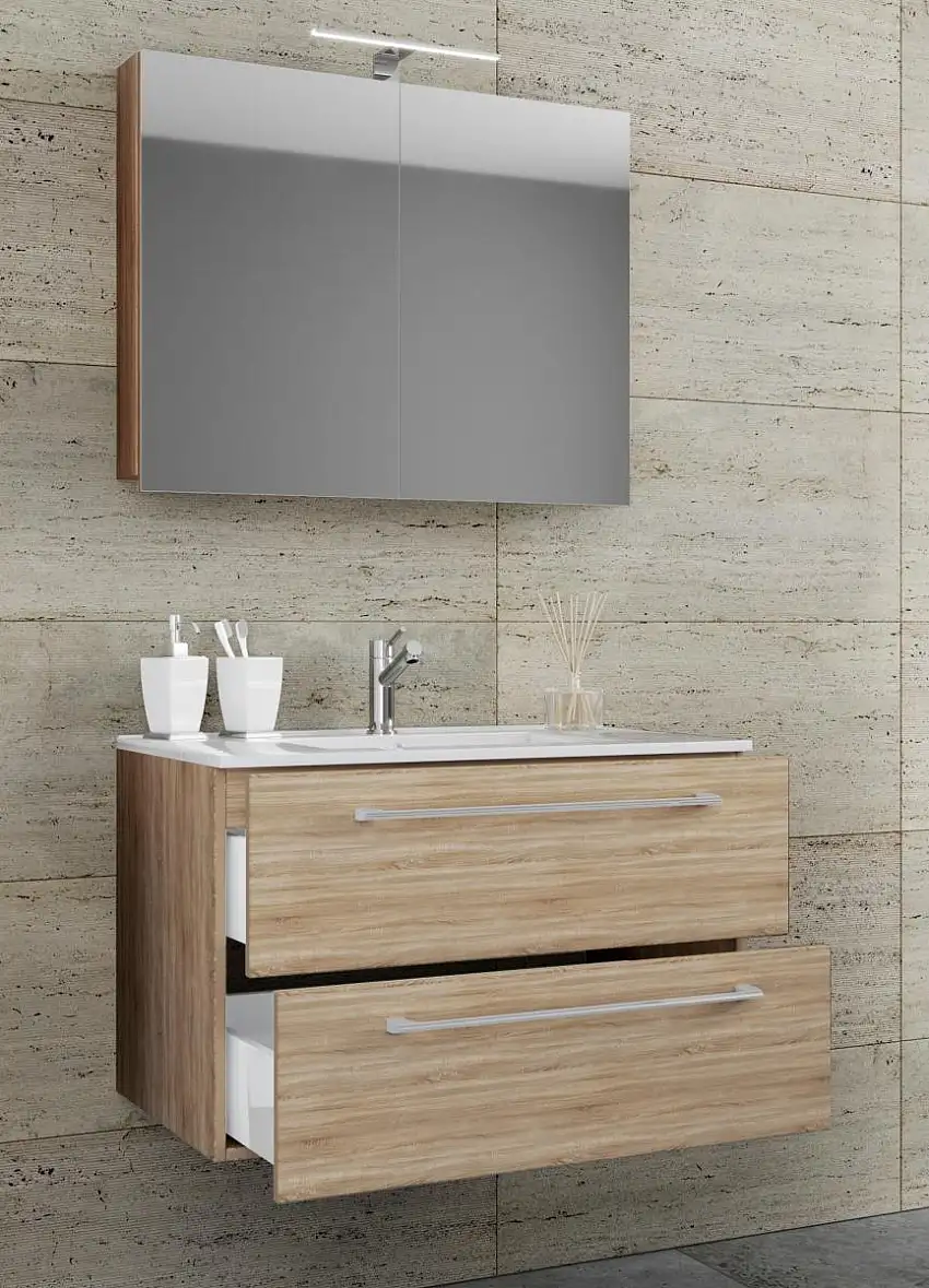 3-tlg. Waschplatz 80cm 2 Schubfächer | Mit Spiegelschrank Sonoma-Eiche