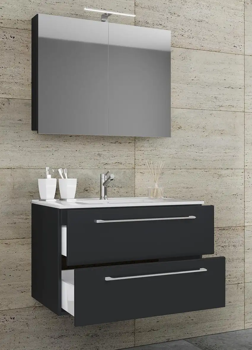 3-tlg. Waschplatz 60cm 2 Schubfächer | Mit Spiegelschrank Schwarz