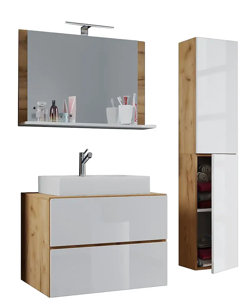 Badblock Lendas L 80cm Unterschrank + Spiegel + 1 Seitenschrank Honig-Eiche/Weiß