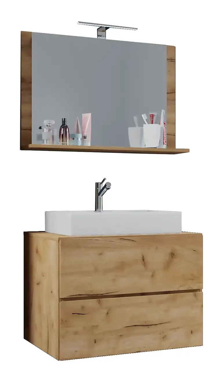 Badblock Lendas M 80cm Unterschrank + Spiegel Honig-Eiche