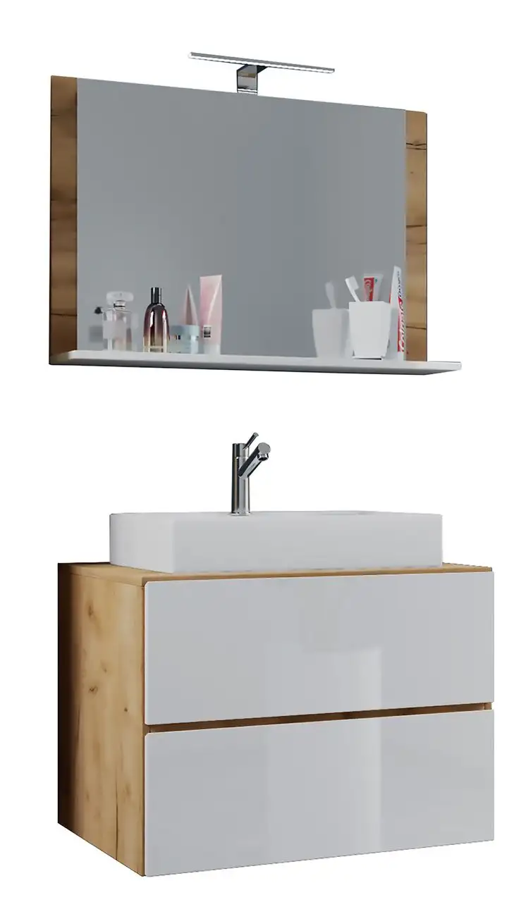 Badblock Lendas M 80cm Unterschrank + Spiegel Honig-Eiche/Weiß