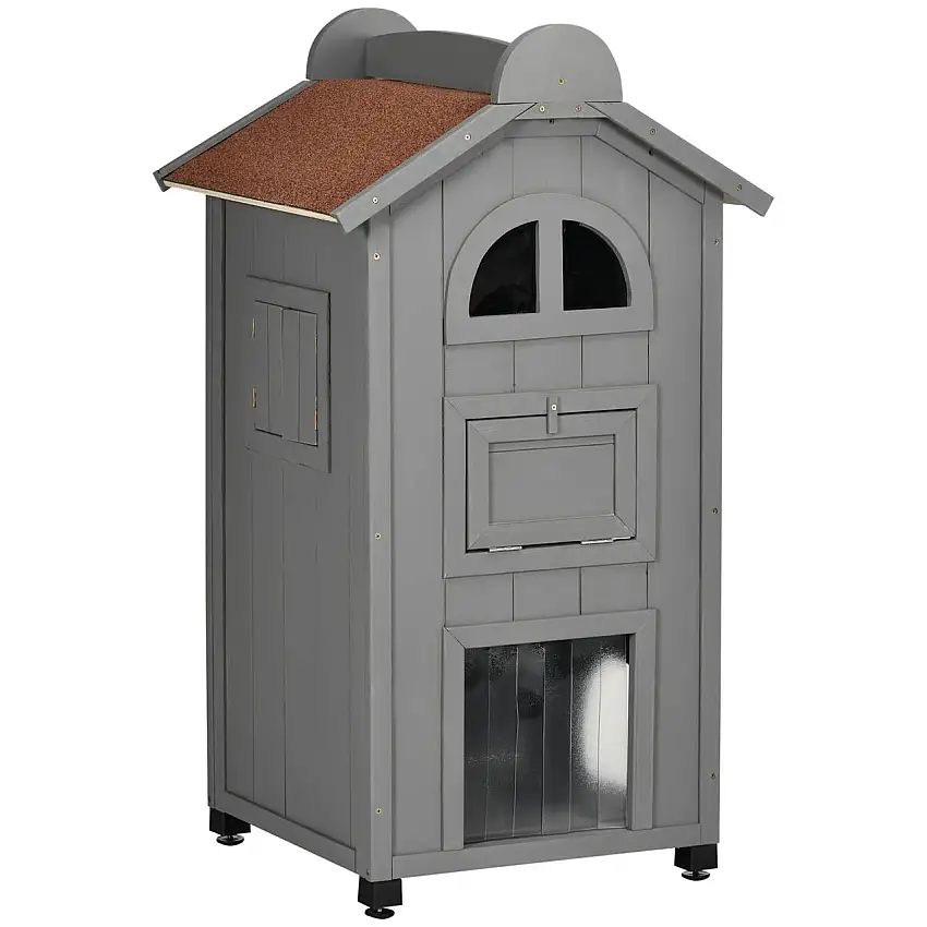 Katzenhaus für Katzenbett oder Katzentoilette, Katzenschrank, Katzenklo Indoor, Tannenholz, Asphaltdach, Grau + Weiß, 59 x 55 x 109 cm