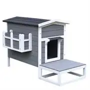 Katzenhaus Katzenhütte Katzenhöhle Kleintierhaus mit Terrasse und Balkon für Katzen Hunde Tannenholz Grau + Weiß 115 x 66,5 x 74,7 cm