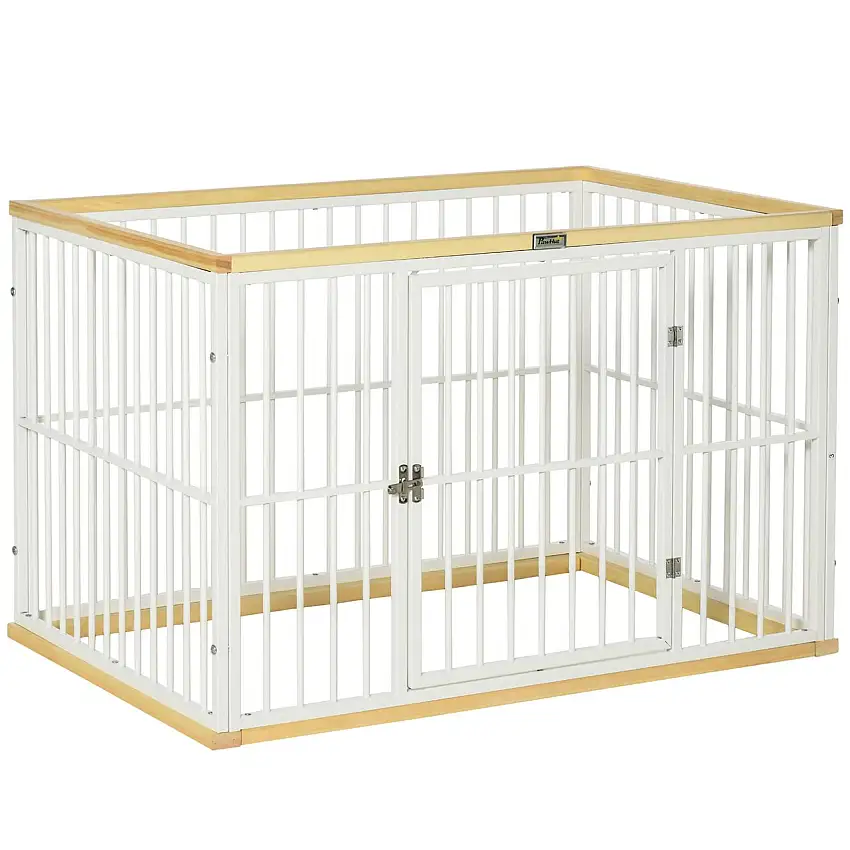 Welpenauslauf Freigehege für Hund Hundelaufstall Schutzgitter mit Tür Stahl Kiefernholz Weiß+Natur 93 x 61 x 59 cm