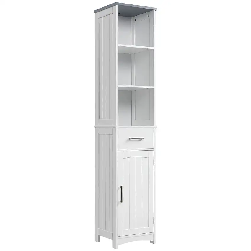Badezimmerschrank Freistehender Hochschrank Badezimmer Schrank mit 3 offenen Fächern Schublade Weiß 34 x 30 x 163 cm