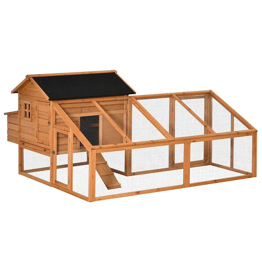 Zwerghühnerstall Zwerghühnerhaus mit Nistkasten Zwerghühnervoliere mit Asphaltdach Gehege Geflügelstall Wachtelstall winterfest Tannenholz Orange+Schwarz 185,5 x 176 x 99,5 cm