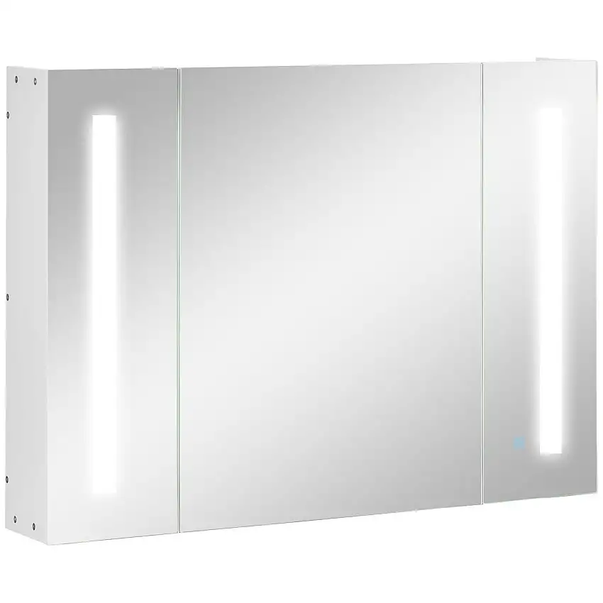 Badezimmer Spiegelschrank mit 3 Spiegeltüren LED-Lichter Hängeschrank 12W Badschrank mit Memory-Funktion Touch-Schalter Weiß 90 x 15 x 65 cm