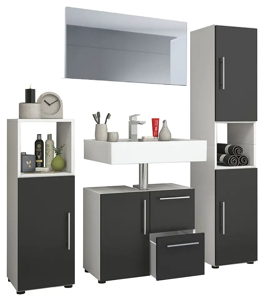 4-tlg. Badset "Flandu" mit Spiegel Weiß/Schwarz