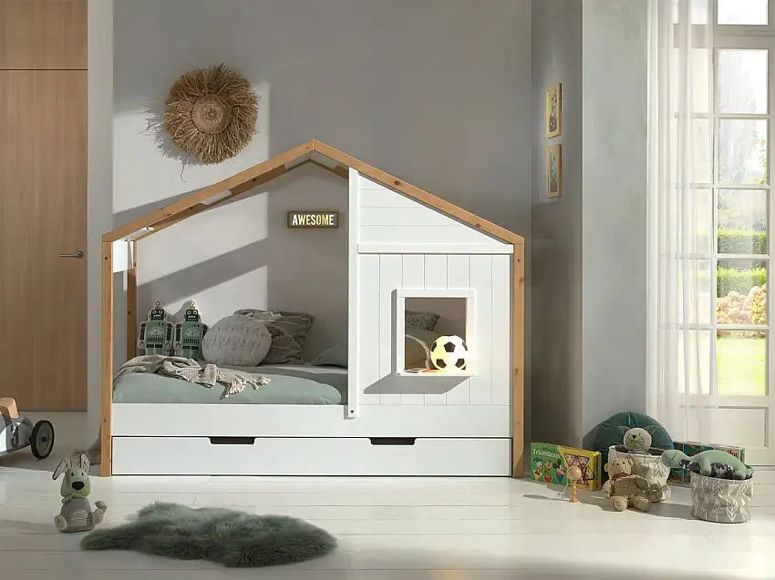 Landhausbett BABS mit 90x200 cm, Lattenrost, Bettschublade, teilmassiv Kiefer, Farbe Oak Weiß