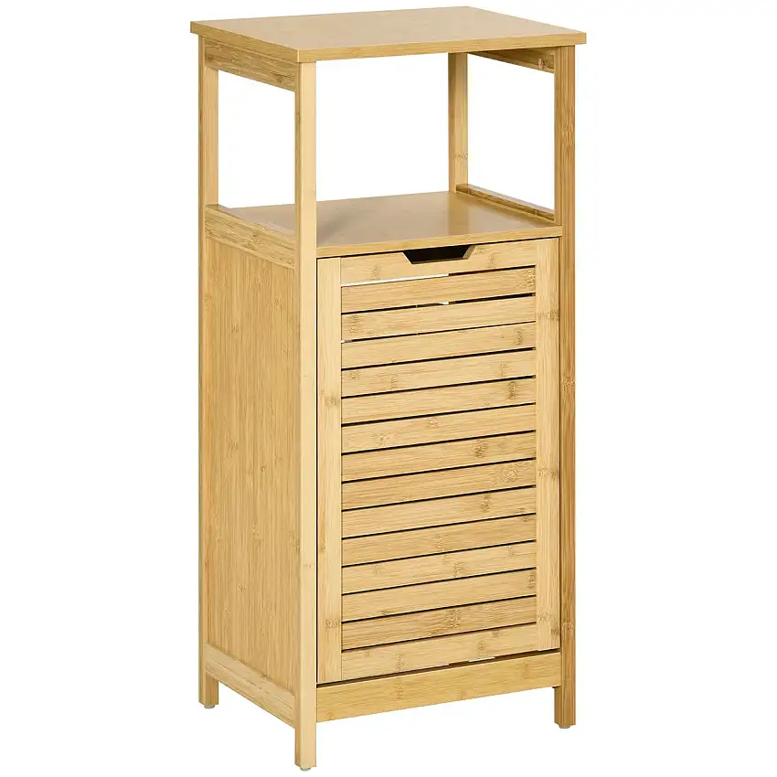 2 in 1 Badezimmerschrank Beistellschrank mit herausnehmbarem Wäschekorb und offenem Fach Badschrank mit Kippschutz Wäscheschrank für Badezimmer MDF Bambus Natur 40 x 30 x 86,5 cm