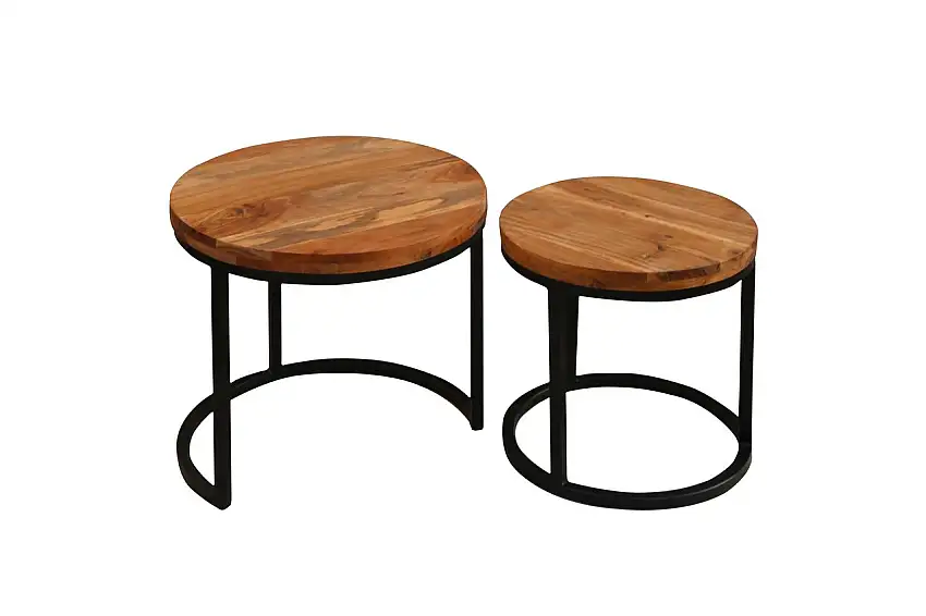 SELMA Zweisatztisch, Breite 50 cm, Metall schwarz pulverbeschichtet, Akazie natur