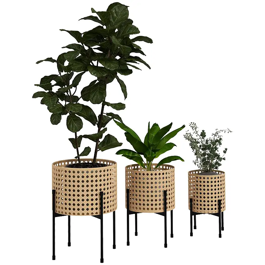 3er-Set Pflanzenständer Blumenständer mit Rattanoptik Stahl Gold