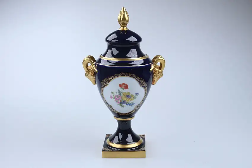 Amphore groß mit Steinbockgriffen - Lindner Porzellan Zierporzellan Echt Kobalt 1150