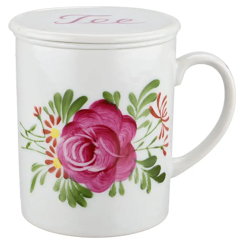 Teebecher mit Porzellansieb und Deckel - Unbekannter Hersteller Ostfriesische Rose