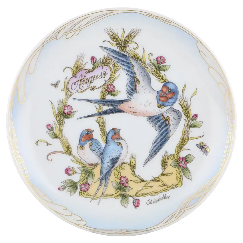 Wandteller klein - 208 August Rauchschwalbe und Kornähren - Hutschenreuther Ole Winther Monatsteller