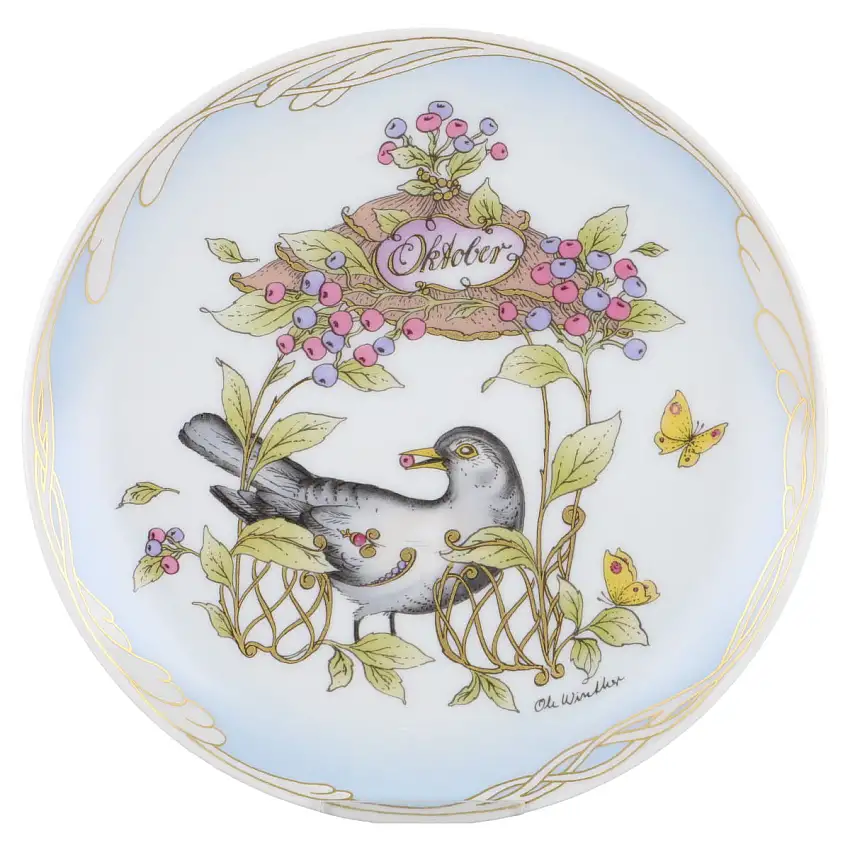 Wandteller klein - 210 Oktober Amsel + Heidelbeeren - Hutschenreuther Ole Winther Monatsteller