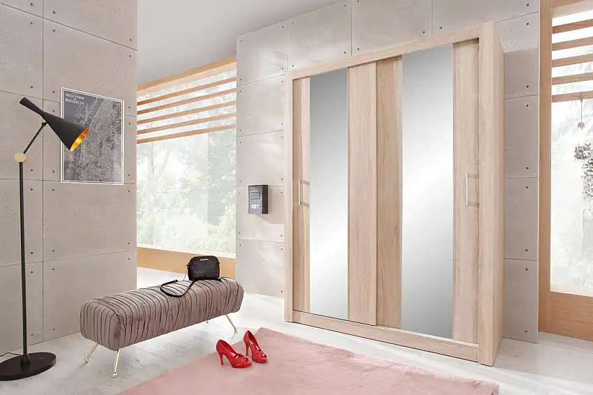 Schlafzimmer - Kleiderschrank mit Spiegel, Farbe: Eiche - Abmessungen: 215 x 200 x 60 cm (H x B x T)