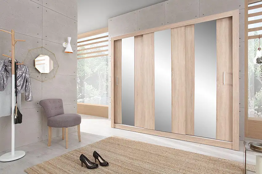 Kleiderschrank mit Spiegel, Farbe: Eiche - Abmessungen: 215 x 250 x 60 cm (H x B x T)