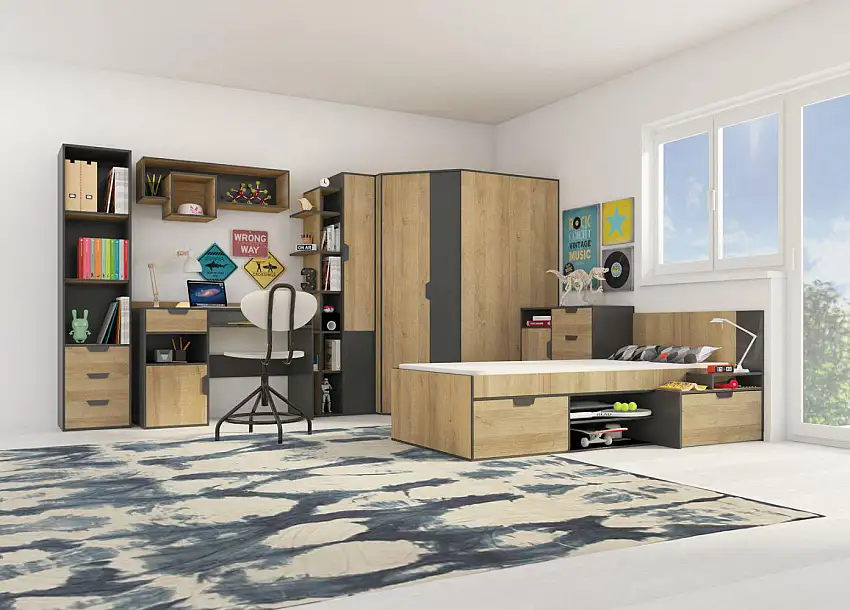 Jugendzimmer Eckschrank begehbar, Farbe: Grau / Eiche - Abmessungen: 195 x 145 x 95 cm (H x B x T)