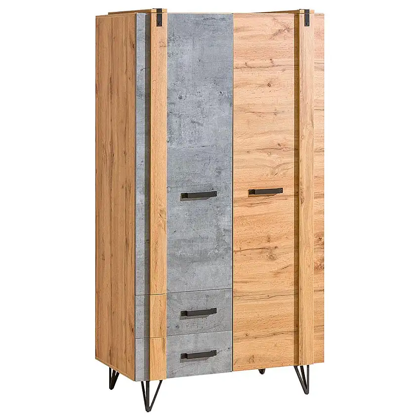 Wohnzimmer - Kleiderschrank, Farbe: Eiche / Grau - Abmessungen: 187 x 90 x 56 cm (H x B x T)