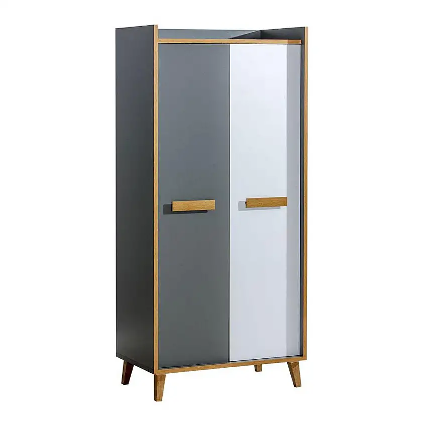 Wohnzimmer - Kleiderschrank, Farbe: Weiß / Eiche / Anthrazit - Abmessungen: 195 x 90 x 55 cm (H x B x T)