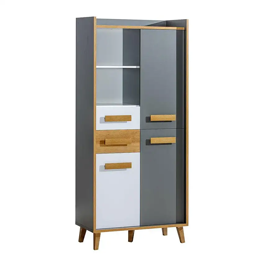 Wohnzimmer - Schrank, Farbe: Weiß / Eiche / Anthrazit - Abmessungen: 195 x 90 x 42 cm (H x B x T)