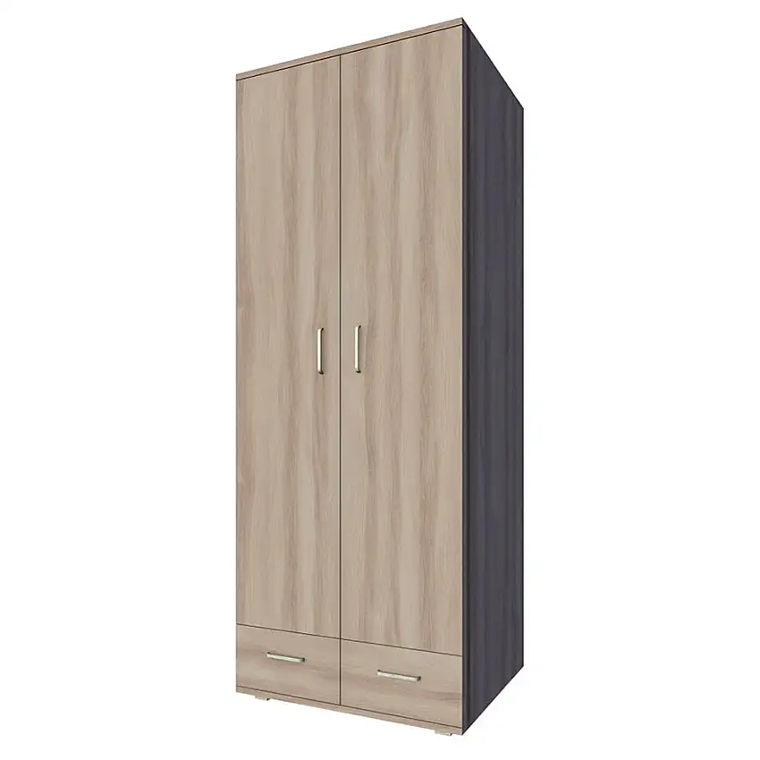 Kleiderschrank | 2 Drehtüren | 2 Schubladen | 5 Fächer | mit Kleiderstange | 80 cm breit | Farbe: Sonoma Eiche