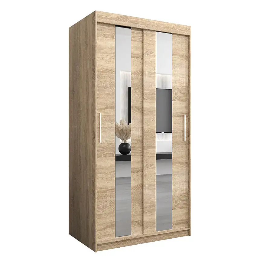 100 cm breiter Schiebetürenschrank mit 5 Fächern und 2 Türen | Farbe: Sonoma Eiche | Laminiert