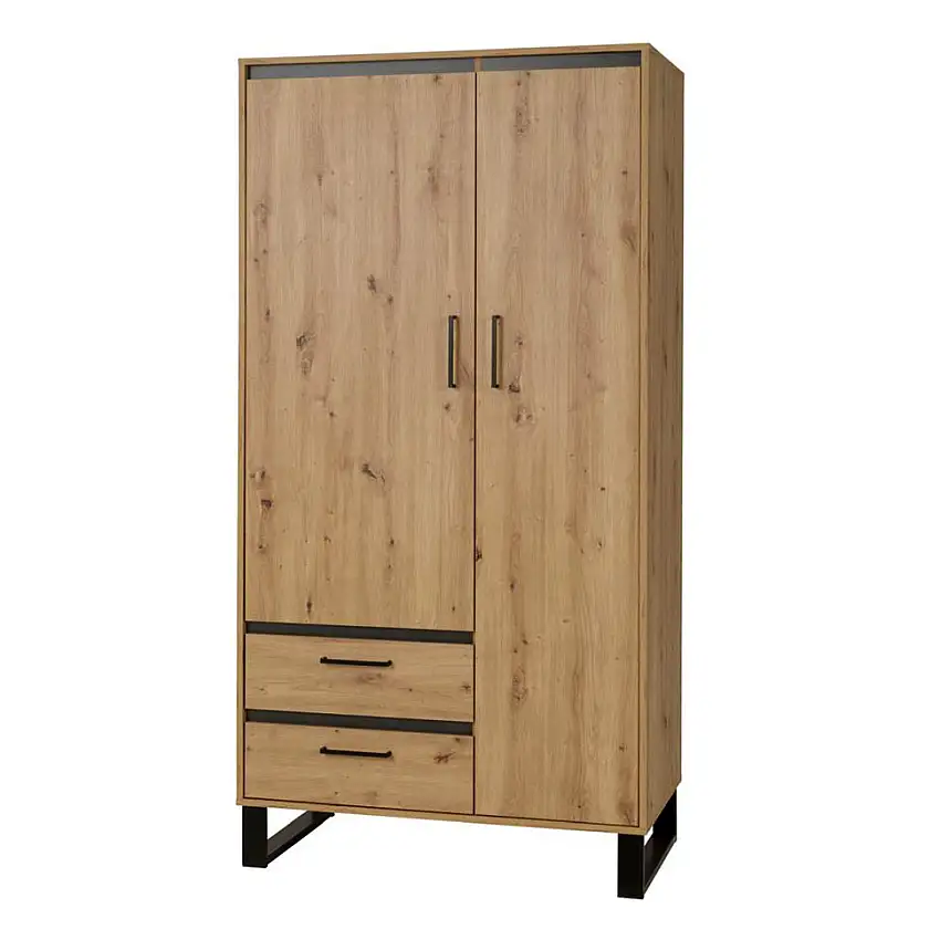 100 cm breiter Kleiderschrank mit 2 Türen, 2 Fächern und 2 Schubladen | Farbe: Eiche | Tiefe: 51 cm