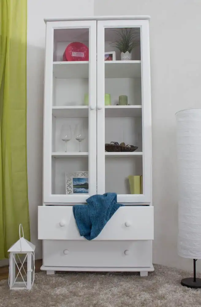 Geschirrschrank, Kiefer Massivholz, Farbe: Weiß