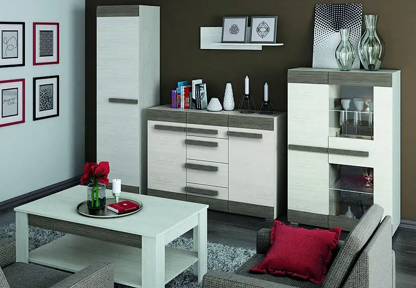 Wohnzimmer - Schrank schmal, Farbe: Kiefer Weiß / Grau - Abmessungen: 202 x 54 x 40 cm (H x B x T)