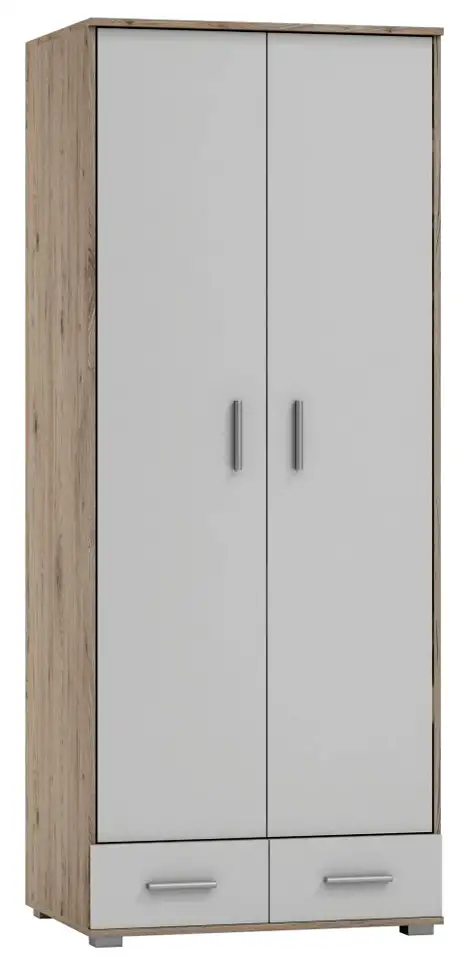 Kleiderschrank | 2 Drehtüren | 2 Schubladen | mit Kleiderstange | 80 cm breit | Massivholz | Farbe: Eiche / Weiß