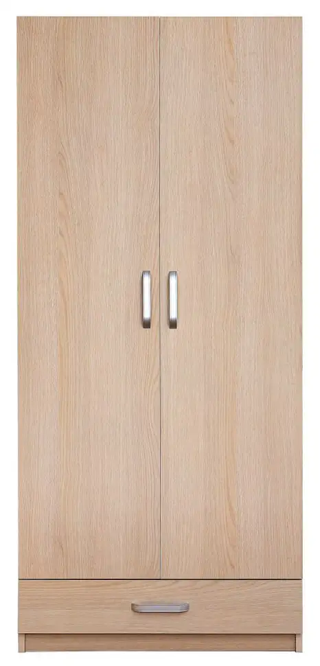 Kleiderschrank | 2 Drehtüren | 1 Schublade | 6 Fächer | mit Kleiderstange | 80 cm breit | Farbe: Sonoma Eiche
