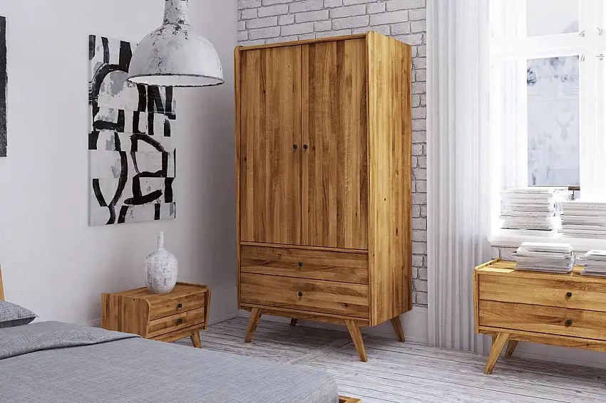 Kleiderschrank | 2 Drehtüren | 5 Fächer | 2 Schubladen | mit Kleiderstange | 100 cm breit | Massivholz | Farbe: Natur