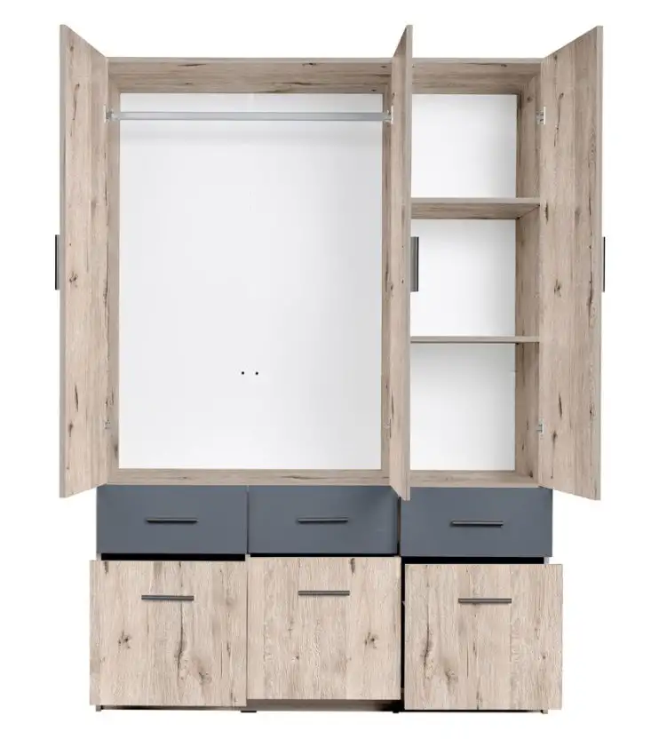 Kleiderschrank | 3 Drehtüren | 6 Schublade | 4 Fächer | mit Kleiderstange | 136 cm breit | Farbe: Eiche