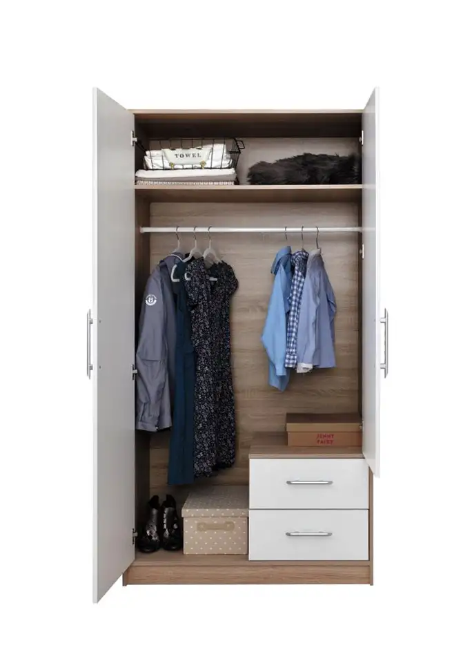 100 cm breiter Kleiderschrank mit 2 Türen, 2 Fächern und 2 Schubladen | Farbe: Weiß | Tiefe: 56 cm