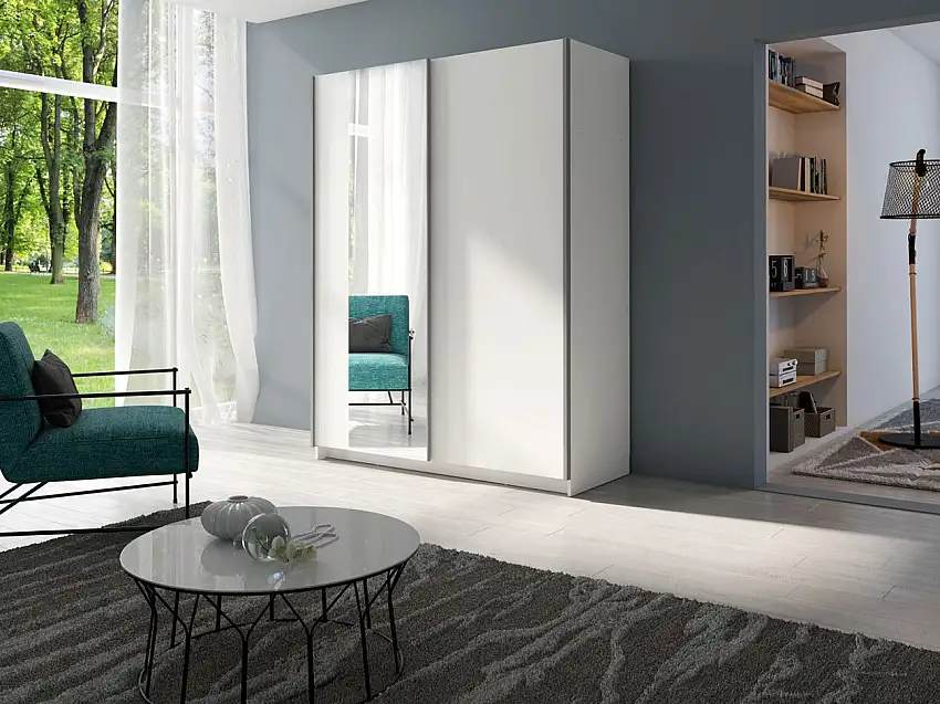 180 cm breiter Kleiderschrank mit 2 Türen | 5 Fächer | Farbe: Weiß