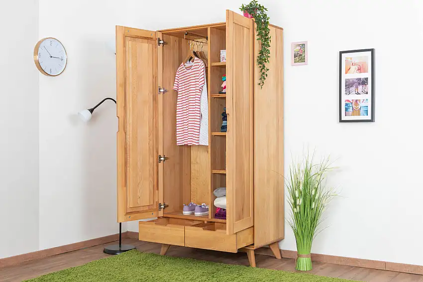 Kleiderschrank | 2 Drehtüren | 6 Fächer | 2 Schubladen | mit Kleiderstange | 90 cm breit | Massivholz | Farbe: Natur