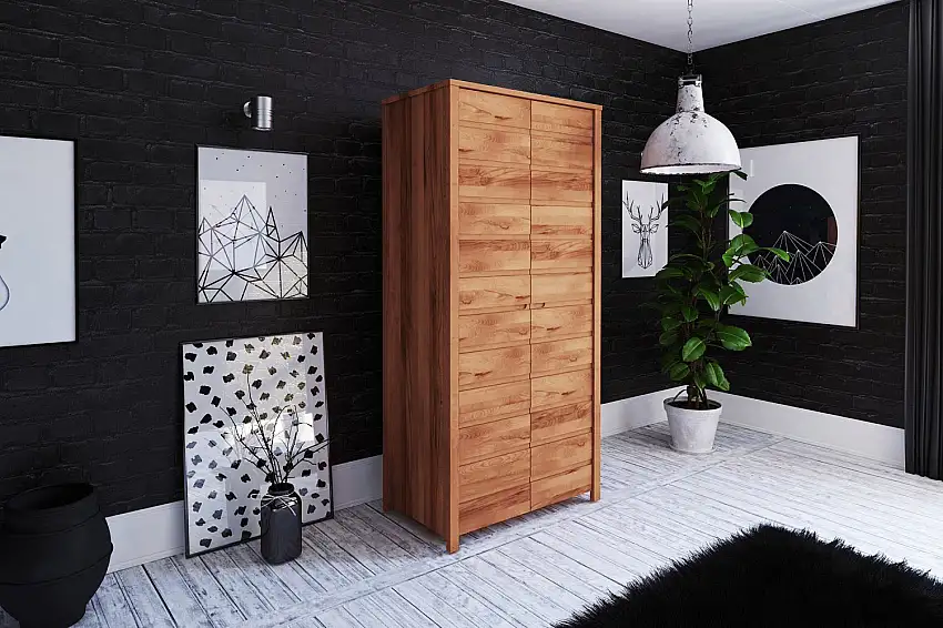 Kleiderschrank | 2 Drehtüren | 7 Fächer | 2 Schubladen | mit Kleiderstange | 100 cm breit | Massivholz | Farbe: Natur