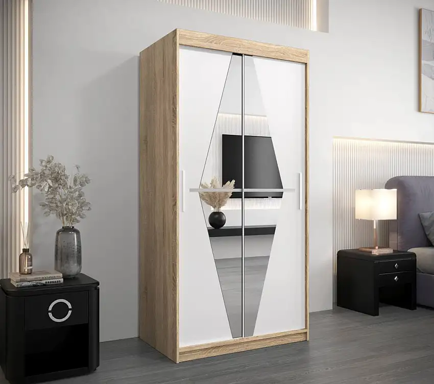 100 cm breiter Kleiderschrank mit 2 Türen | 5 Fächer | Farbe: Sonoma Eiche / Weiß