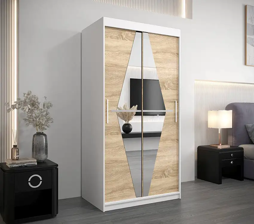 100 cm breiter Schiebetürenschrank mit 5 Fächern und 2 Türen | Farbe: Eiche / Weiß | Laminiert