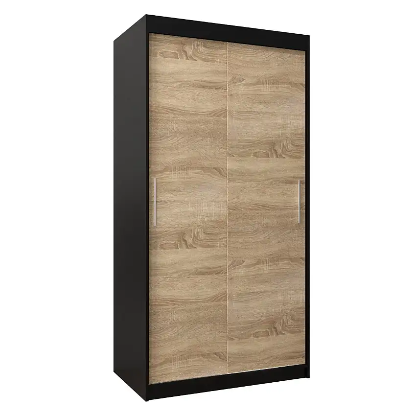 100 cm breiter Schiebetürenschrank mit 2 Türen | 5 Fächer | 2 Kleiderstangen | Farbe: Schwarz