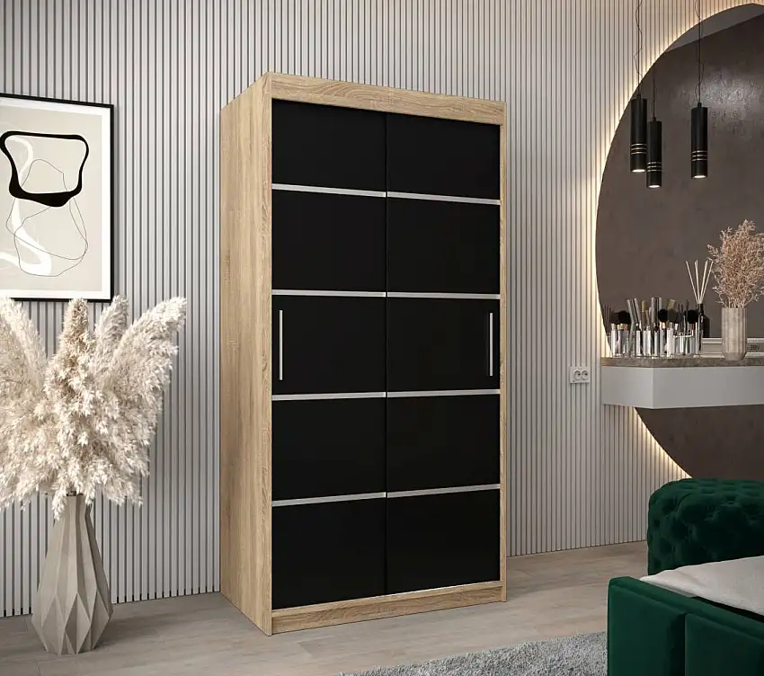 1 Meter breiter Kleiderschrank mit 2 Türen | Farbe: Sonoma Eiche / Schwarz