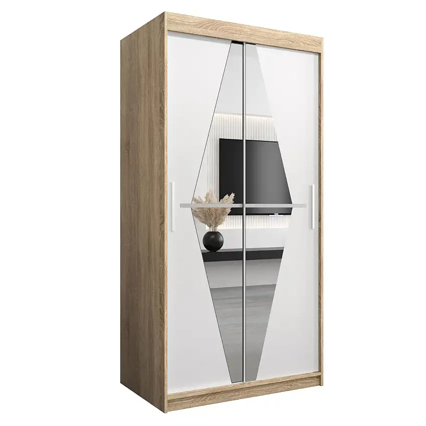1 Meter breiter Kleiderschrank mit 2 Türen | Farbe: Sonoma Eiche / Weiß