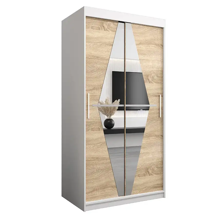 100 cm breiter Kleiderschrank mit 2 Türen | 5 Fächer | Farbe: Eiche / Weiß