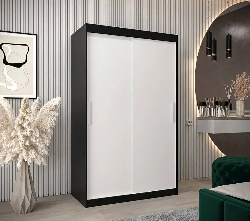 120 cm breiter Kleiderschrank mit 5 Fächern und 2 Türen | Farbe: Weiß / Schwarz