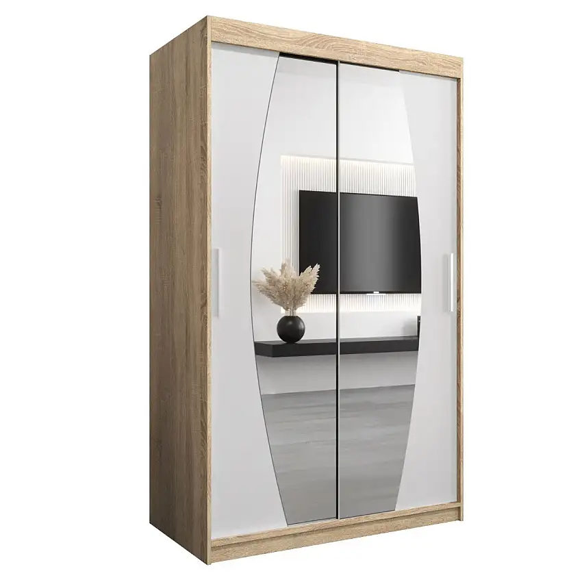 120 cm breiter Schiebetürenschrank mit 2 Türen | 5 Fächer | 2 Kleiderstangen | Farbe: Sonoma Eiche / Weiß