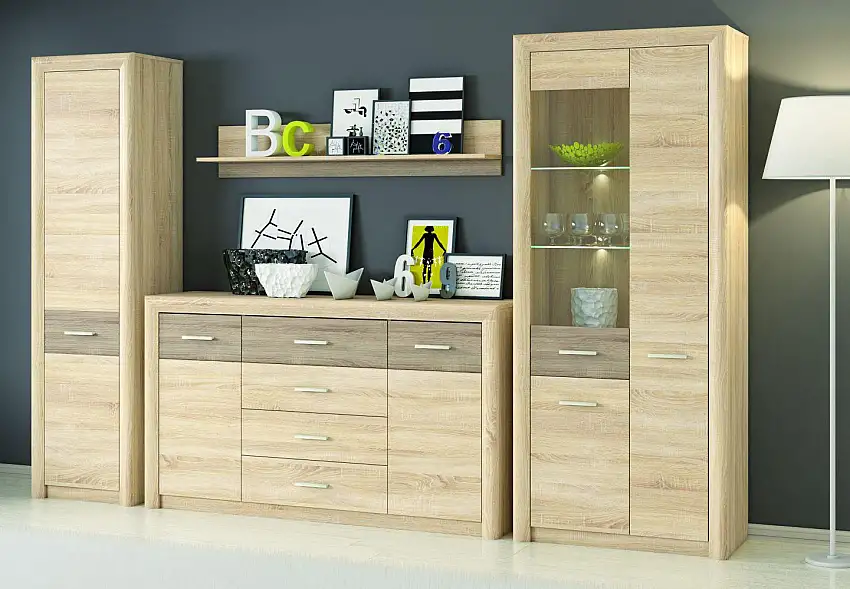 Wohnzimmer - Schrank schmal, Farbe: Sonoma Eiche hell / Sonoma Eiche Trüffel, Türanschlag Links - 199 x 54 x 40 cm (H x B x T)