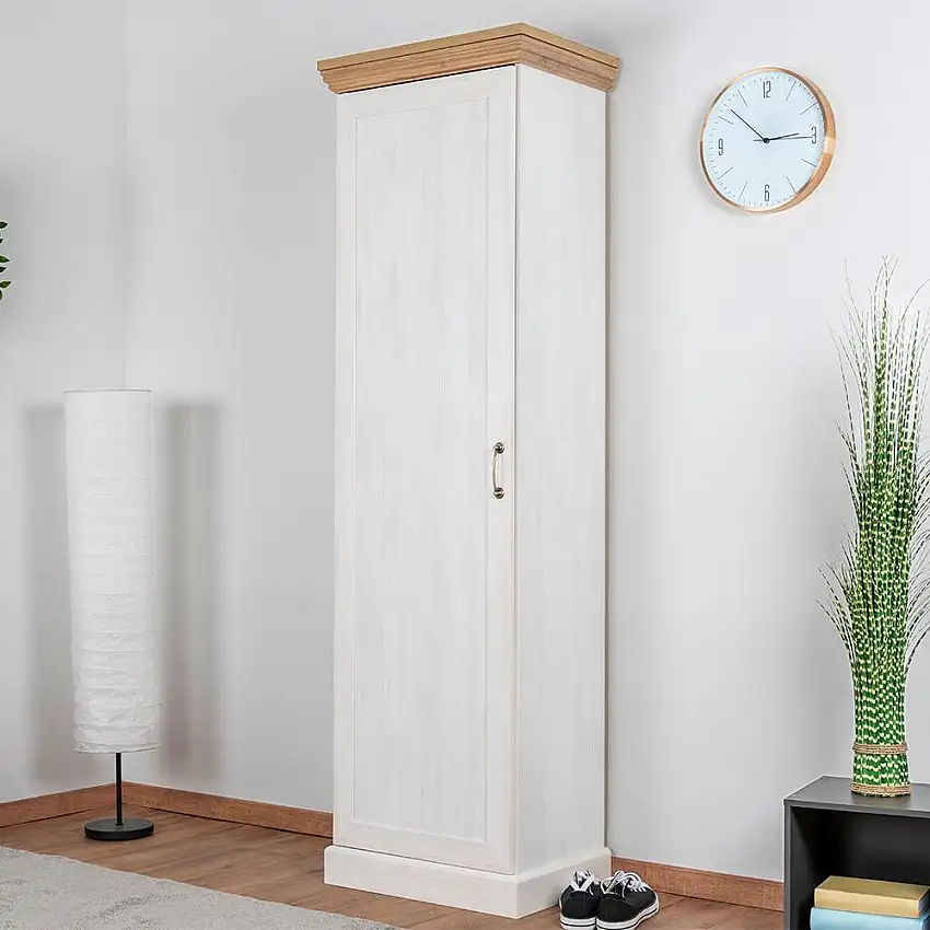 Wohnzimmer- Schrank schmal, Farbe: Kiefer Weiß / Braun - 187 x 57 x 39 cm (H x B x T)