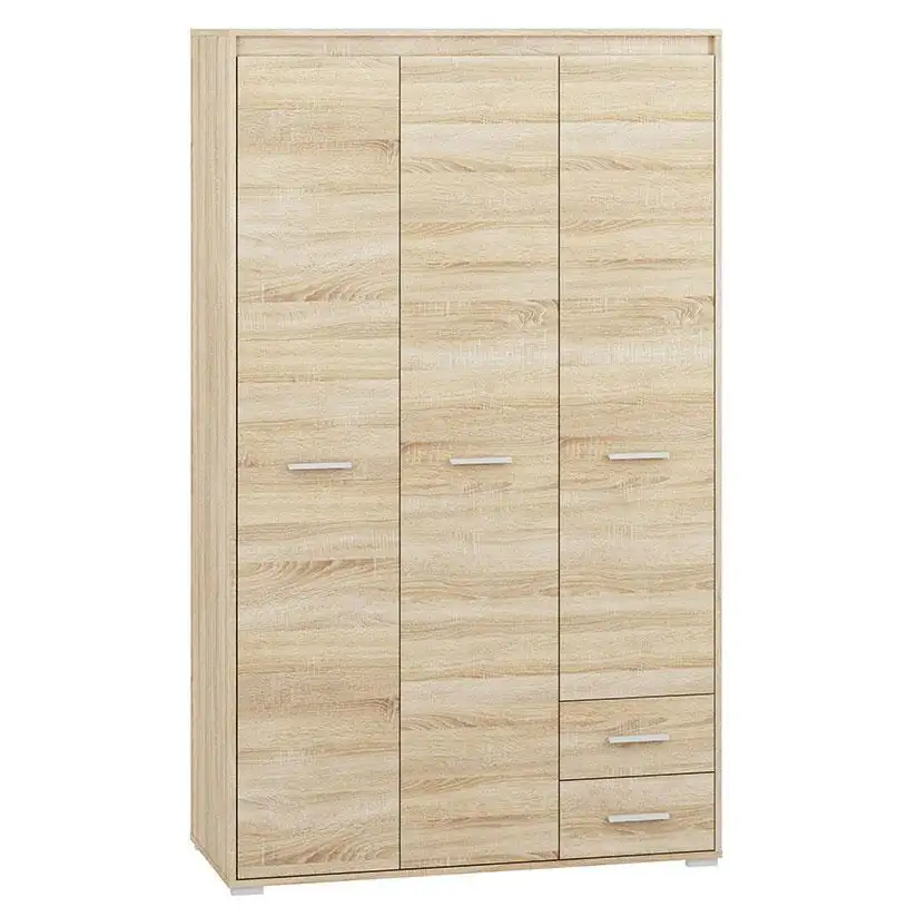 Wohnzimmer - Kleiderschrank, Farbe: Sonoma Eiche hell - 200 x 120 x 50 cm (H x B x T), mit 3 Türen, 2 Schubladen und 6 Fächern